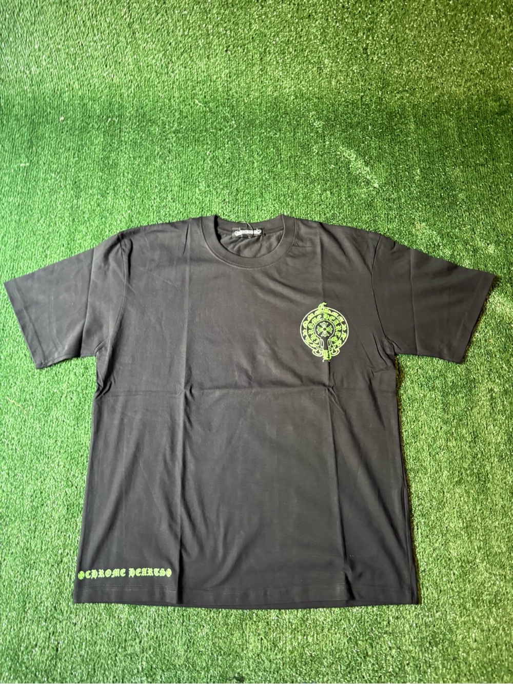 Chrome Hearts Men’s Black Short Sleeve Tee with Green Emblem